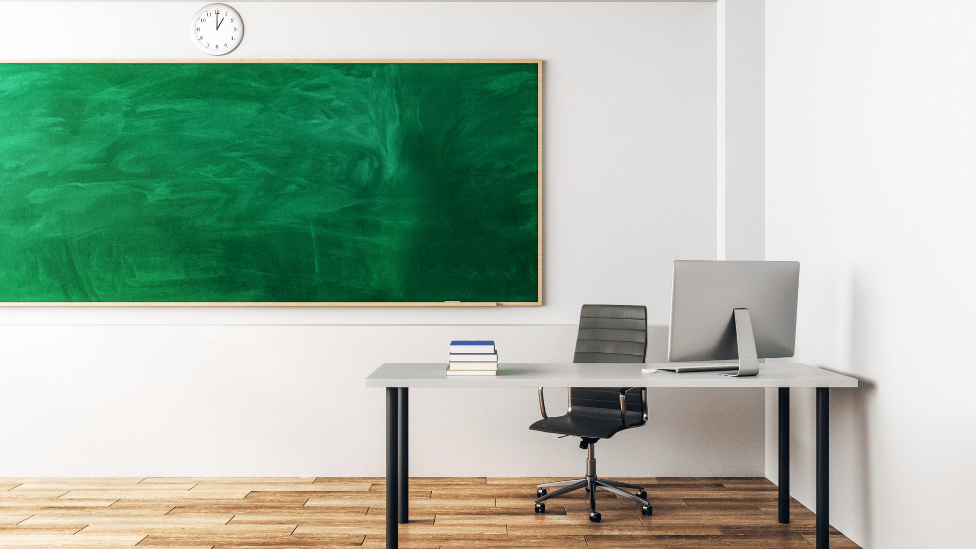 Wooden classroom interior with empty chalkboard, furniture and daylight.